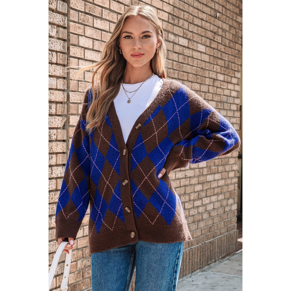 Cupshe Brown Blue Argyle Oversized V-Neck Button Cardigan Sweater - Picture 5 of 7